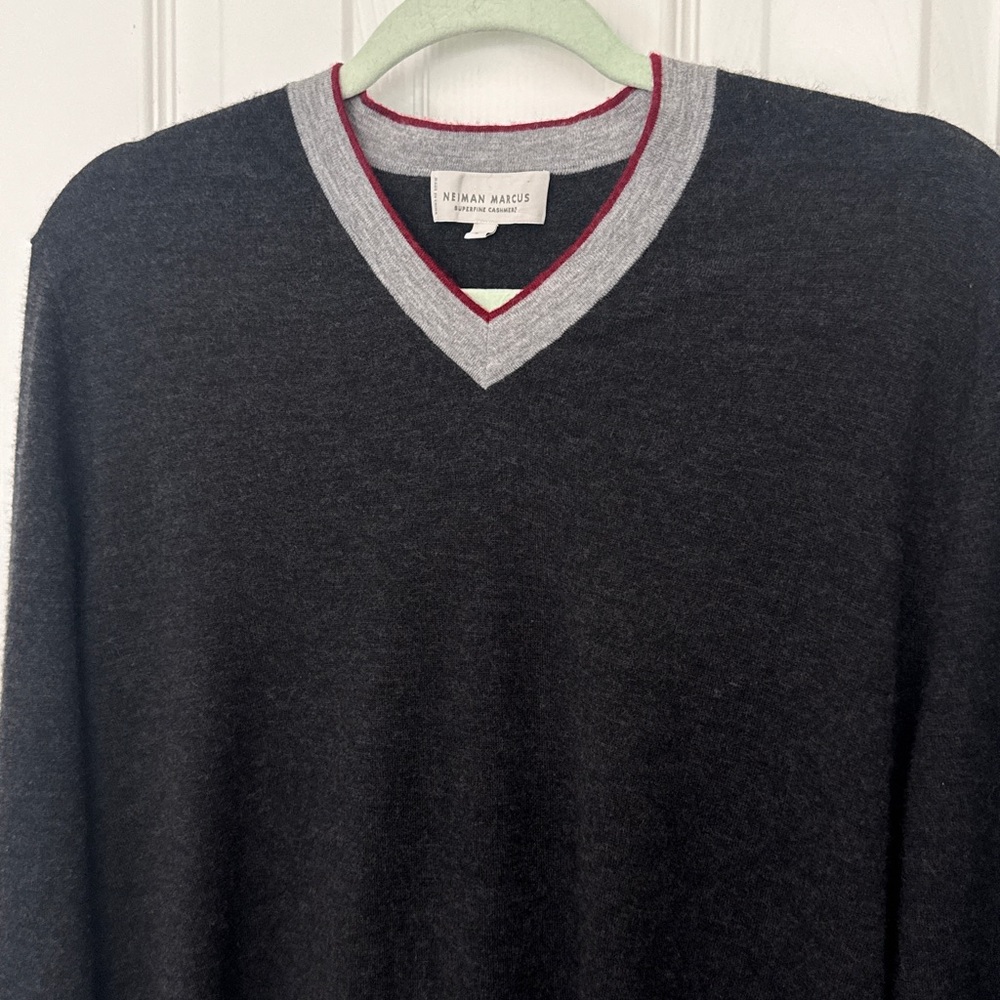 Neiman Marcus Charcoal V-Neck Sweater with Gray Trim